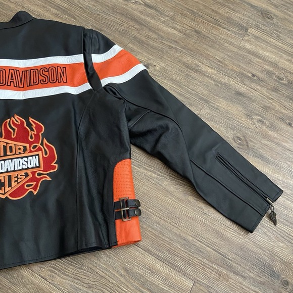 Vintage Harley Davidson Men's USA Genuine Black Orange Leather Riding Jacket 3XL - Picture 10 of 11